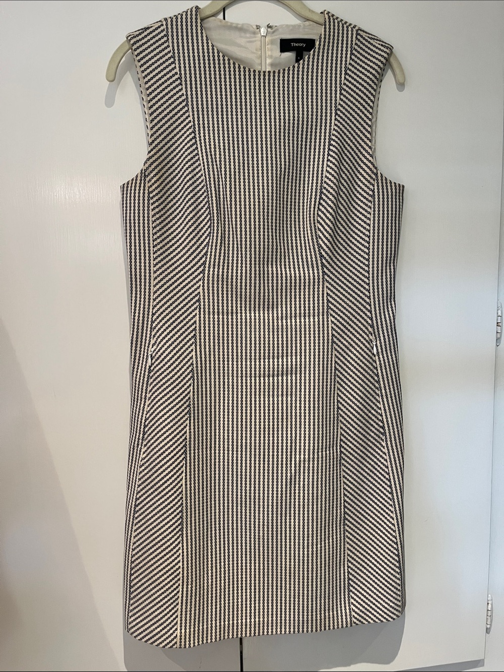 Theory Blue and Cream Sleeveless Sheath Dress